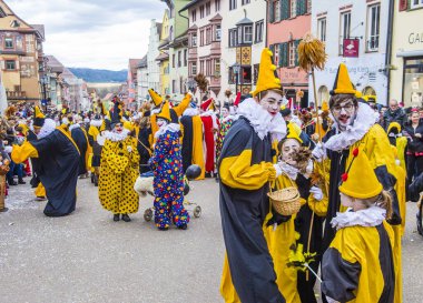 ROTTWEIL , GERMANY - FEB 24 : Participants in the Rottweil Carnival in Rottweil , Germany on February 24 2020.  The carnival known as Fasnacht is a custom in southwest Germany 