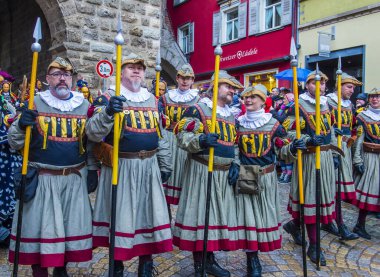 ROTTWEIL , GERMANY - FEB 24 : Participants in the Rottweil Carnival in Rottweil , Germany on February 24 2020.  The carnival known as Fasnacht is a custom in southwest Germany 