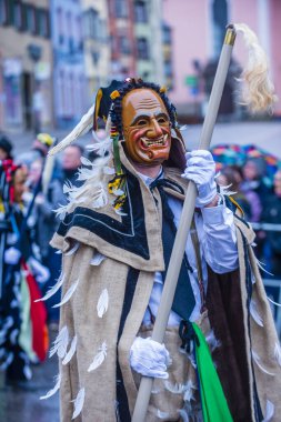 ROTTWEIL , GERMANY - FEB 24 : Participant in the Rottweil Carnival in Rottweil , Germany on February 24 2020.  The carnival known as Fasnacht is a custom in southwest Germany 