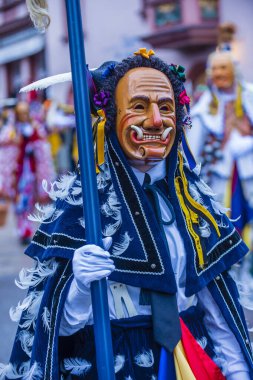 ROTTWEIL , GERMANY - FEB 24 : Participant in the Rottweil Carnival in Rottweil , Germany on February 24 2020.  The carnival known as Fasnacht is a custom in southwest Germany 