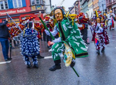 ROTTWEIL , GERMANY - FEB 24 : Participants in the Rottweil Carnival in Rottweil , Germany on February 24 2020.  The carnival known as Fasnacht is a custom in southwest Germany 