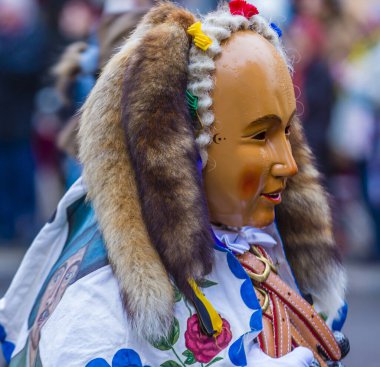 ROTTWEIL , GERMANY - FEB 24 : Participant in the Rottweil Carnival in Rottweil , Germany on February 24 2020.  The carnival known as Fasnacht is a custom in southwest Germany 