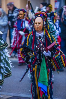 ROTTWEIL , GERMANY - FEB 24 : Participants in the Rottweil Carnival in Rottweil , Germany on February 24 2020.  The carnival known as Fasnacht is a custom in southwest Germany 