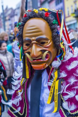ROTTWEIL , GERMANY - FEB 24 : Participant in the Rottweil Carnival in Rottweil , Germany on February 24 2020.  The carnival known as Fasnacht is a custom in southwest Germany 