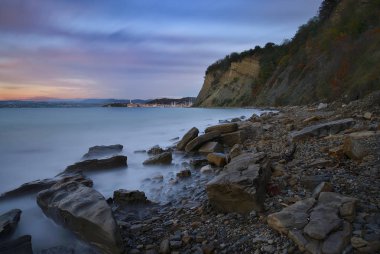 Slovence sahil günbatımında Izola, Slovenya
