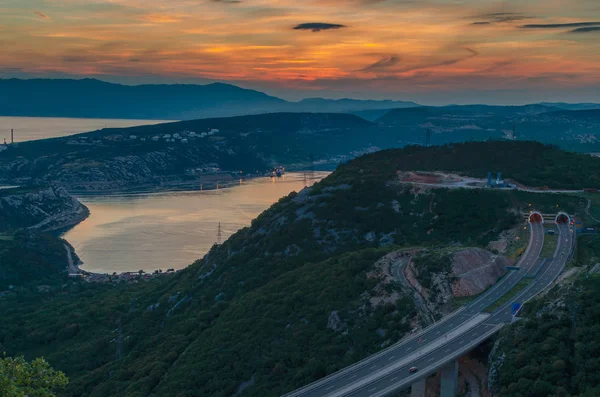 Sunset from Hreljin. Bakar and Rijeka on the background, Croatia — Stock Photo, Image