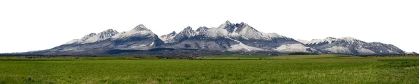 Yüksek Tatra Dağları ile karlı tepeleri Vysoke Tatry, Nisan sırasında ekstra geniş panoramik ayrılmış, gökyüzü — Stok fotoğraf