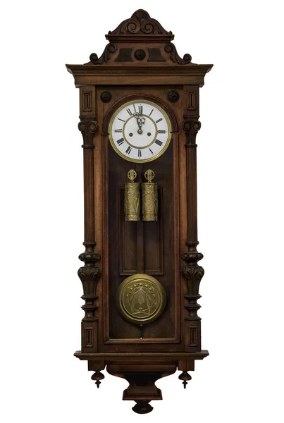 Very old original grandfather clock in wooden case, europe, isolated