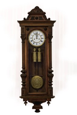 Tahta çantadaki büyükbaba saati, izole edilmiş.