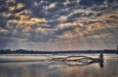Renkli gökyüzü, gün batımında nehir ve kütükle birlikte.