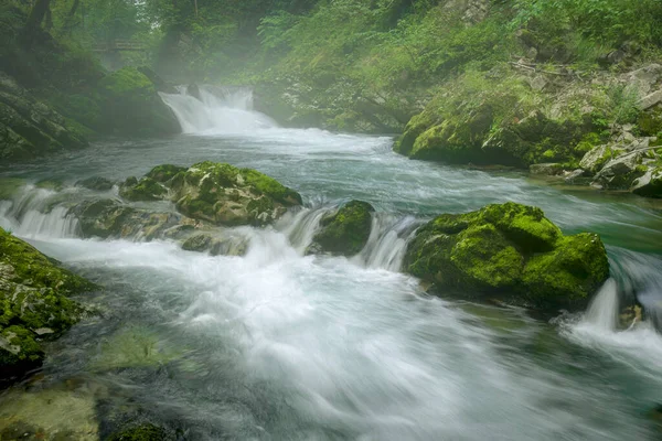 Foggy Vintgar gorge, Radovna River, Slovenia — Stock Photo, Image