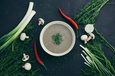 Kremalı mantar çorbası dereotu taze mantar, biber, taze soğan ve ekşi krema ile karanlık tabloda ile servis