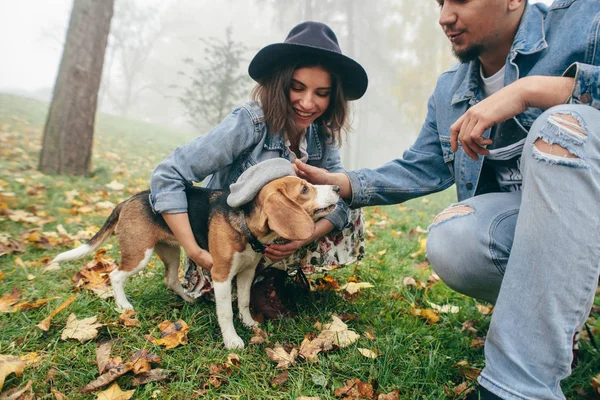 Happy couple enjoying time with Beagle dog and sitting down on grass