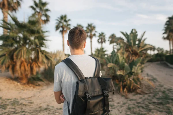 Tipo con mochila viaja de pie cerca de palmeras —  Fotos de Stock
