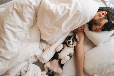 Beyaz yatakta köpekle yatan bir adam.