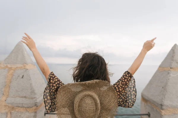 Young Female Traveler Stands Top Castle City View Peniscola Spain — Stock Photo, Image