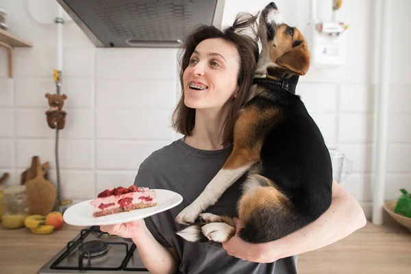 Дівчина Собакою Затишній Кухні Збирається Їсти Торт — стокове фото