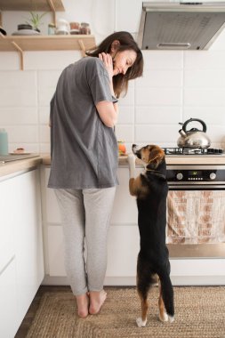 Genç bir kadın mutfakta köpekle yemek pişiriyor.
