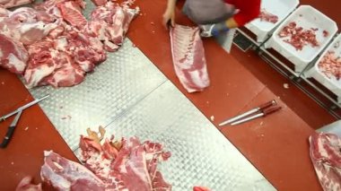 Domuz leşleri bir süpermarkette kesme