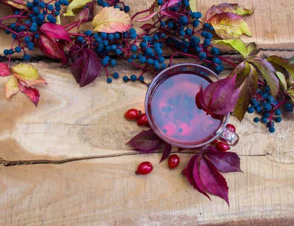 Nature morte avec du thé chaud de chien rose feuilles d'automne sur vintage w — Photo