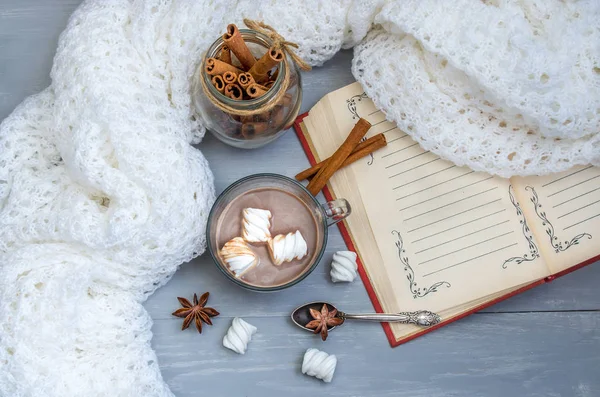 Still life kopp choklad med marshmallow och stjärnanis, kanel — Stockfoto