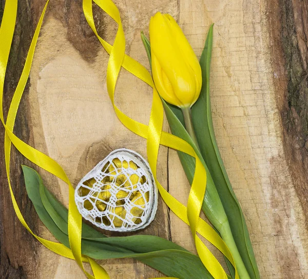 Yellow tulip with a ribbon and a box for a gift . — Stock Photo, Image