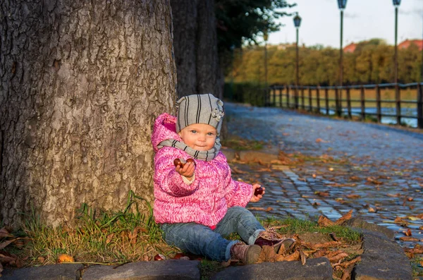 Niña jugando con castañas y hojas en otoño par — Foto de Stock