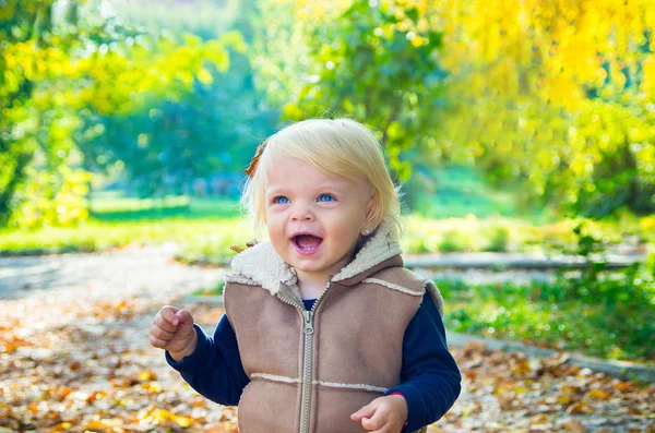 Retrato de feliz loira bebê menina no fundo natural de autum — Fotografia de Stock