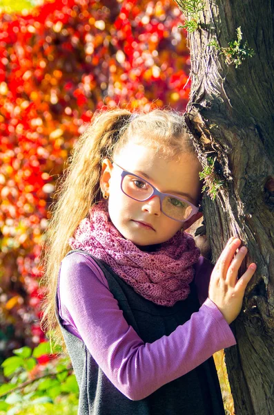 Portrét roztomilá dívka, která nosí brýle na pozadí přírody jsem — Stock fotografie