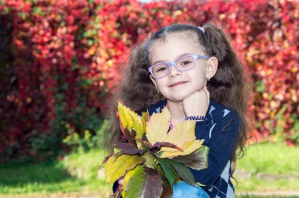 Portrét roztomilá dívka, která nosí brýle na pozadí přírody jsem — Stock fotografie