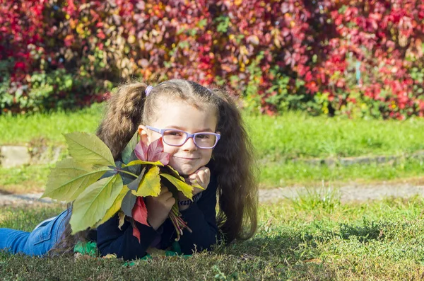 Menina bonito encontra-se na grama com folhas de outono em mãos — Fotografia de Stock