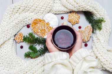 Elinde bir fincan çay ve bir çerez holding bir kazak 