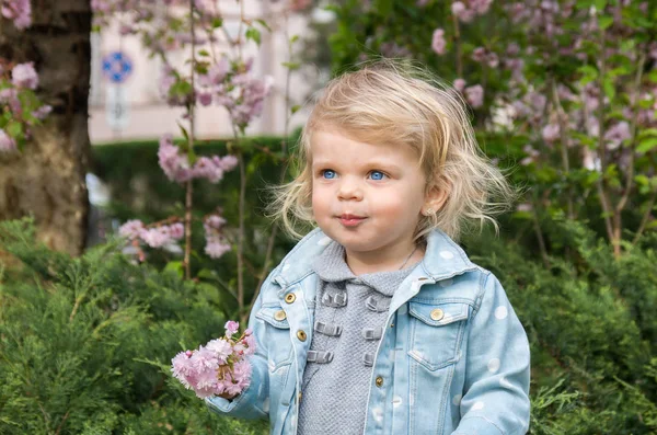Маленька чарівна блондинка тримає гілочку вишневих квітів — стокове фото