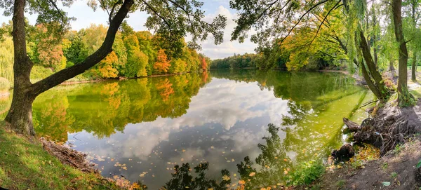 Bir orman göl bulutlarda güzel yansımaları sonbaharda Panoraması