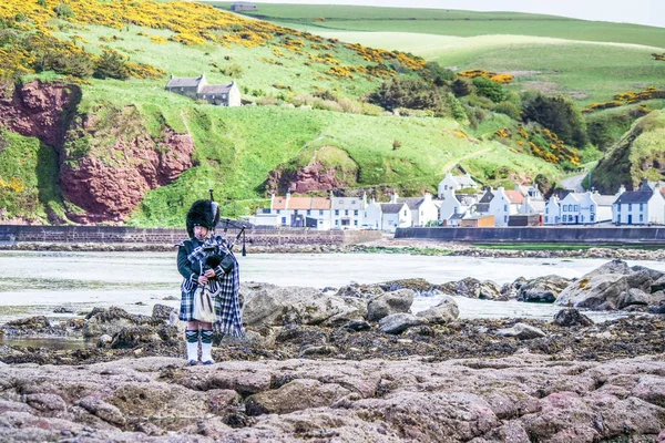 Bagpiper tradicional nas terras altas escocesas — Fotografia de Stock