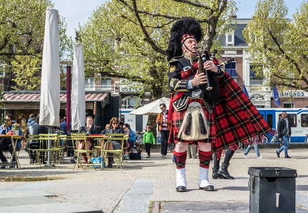 Amsterdam, Países Bajos - 31 de abril de 2017: gaitero escocés afinando su instrumento en las calles de Ámsterdam con su tartán Royal Stuart — Foto de Stock