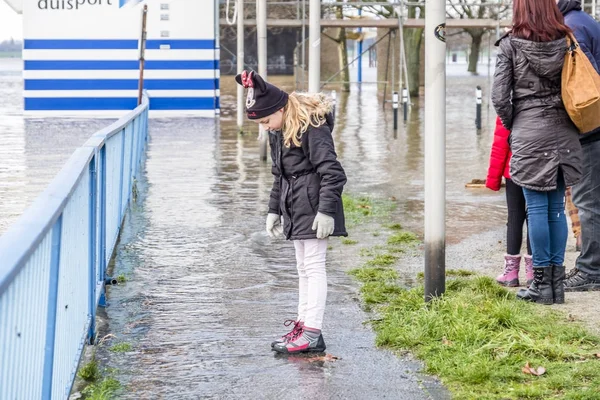 Duisburg, Alemanha - 08 de janeiro de 2017: Menina surpreendida pelo rio Reno inundando o passeio — Fotografia de Stock