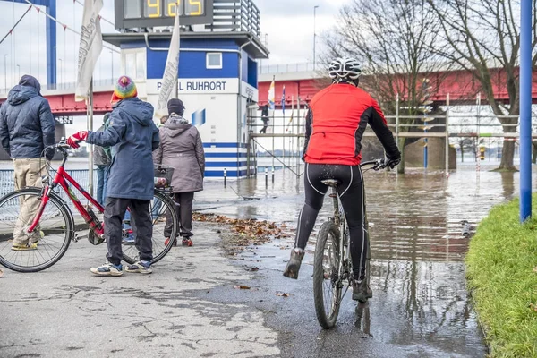 Дуйсбурзі, Німеччина - 2017 08 січня: Велосипед драйвери здивований, річка Рейн повені на набережну — стокове фото