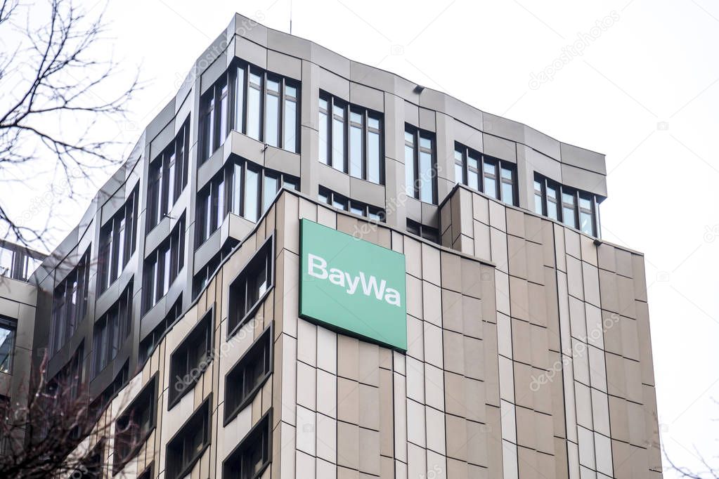 MUNICH , GERMANY - FEBRUARY 16 2018: The BayWa AG is a trading and services Group of the three operating segments Agriculture, Energy and Building Materials.