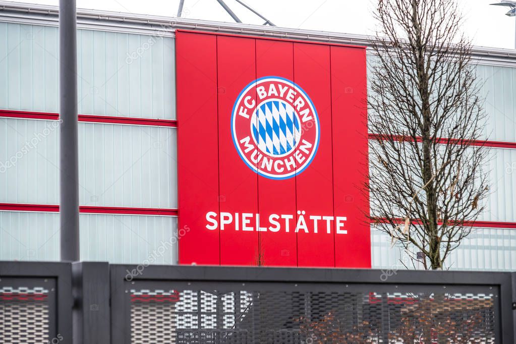 MUNICH , GERMANY - FEBRUARY 16 2018 : The Entrance to the FC Bayern Football club campus in Munich is only open for VIPs - Translation: ground.