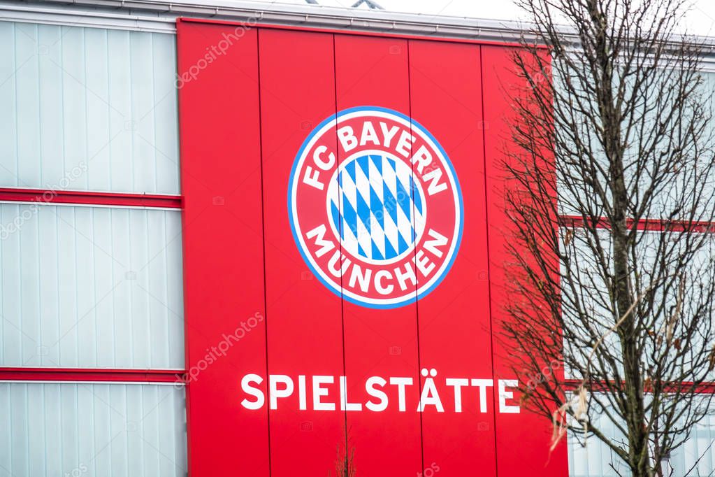 MUNICH , GERMANY - FEBRUARY 16 2018 : The Entrance to the FC Bayern Football club campus in Munich is only open for VIPs - Translation: ground.