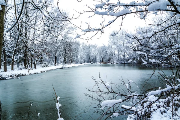 Parte lagoa congelada e caminho em torno dele no inverno — Fotografia de Stock