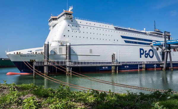 Rotterdam , Netherlands - April 19 2018 : P and O Ferry preparing to go to Hull