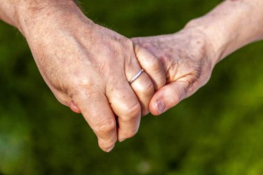 Üst düzey çift birlikte bahçede otururken elele