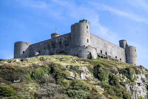 その 12 世紀の城は、ウェールズ、イギリスとハーレックのスカイライン — ストック写真