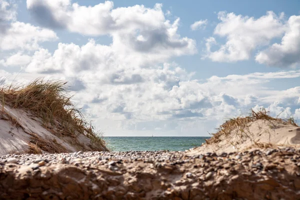 Belle dune de sable avec herbe marine et voilier à l'horizon . — Photo