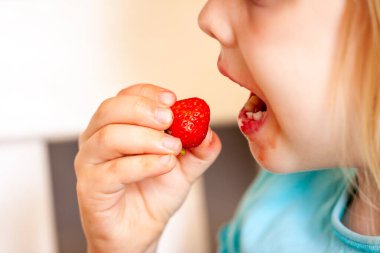 Küçük kızın taze çilek yemesine yakın durun.