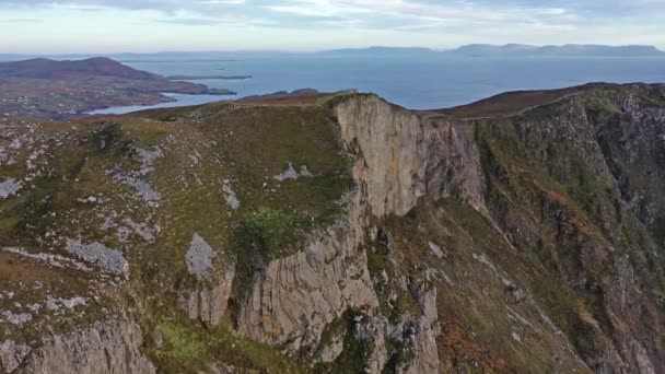 Aerial of Slieve League Cliffs are among the highest sea cliffs in Europe rising 1972 feet or 601 meters above the Atlantic Ocean - County Donegal, Ireland — Stock video