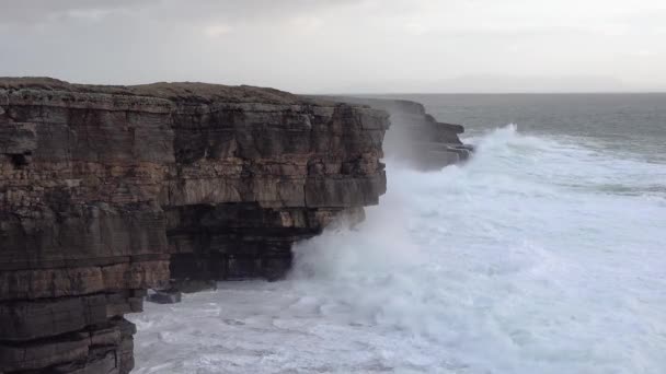 Огромные волны ломаются в Макросс Хэд - небольшой полуостров к западу от Киллибегса, графство Донегал, Ирландия. Скалы славятся скалолазанием. — стоковое видео