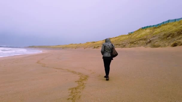 Senhora andando para trás durante a tempestade de areia — Vídeo de Stock